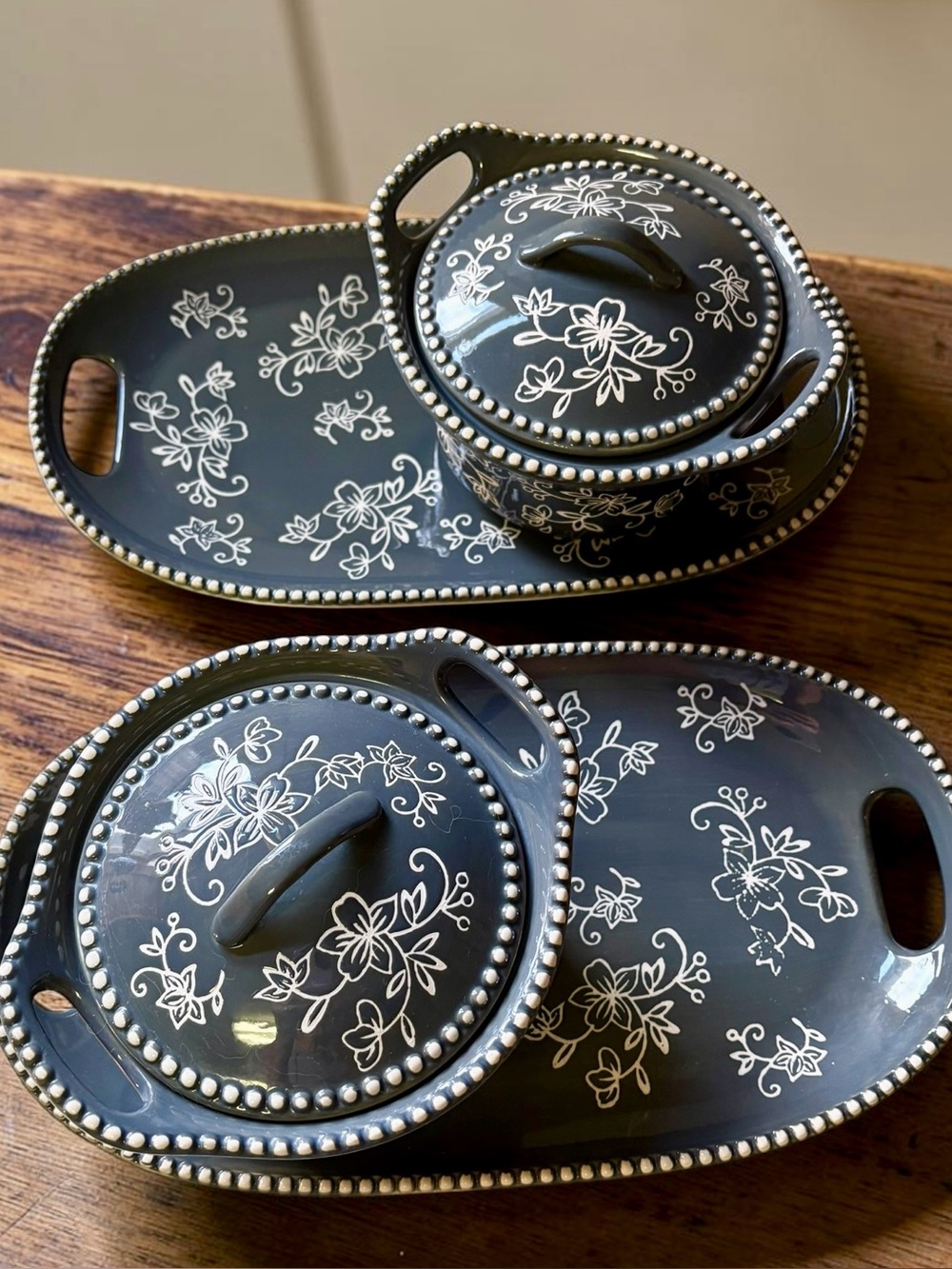 Temp-tations Floral Lace Gray Soup & Sandwich Set 6 Pc Stoneware